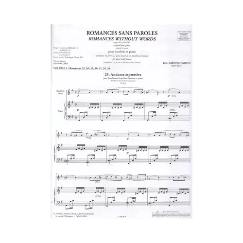 Romance Sans Paroles Op.67/67 Vol.5 - Hautbois Et Piano
