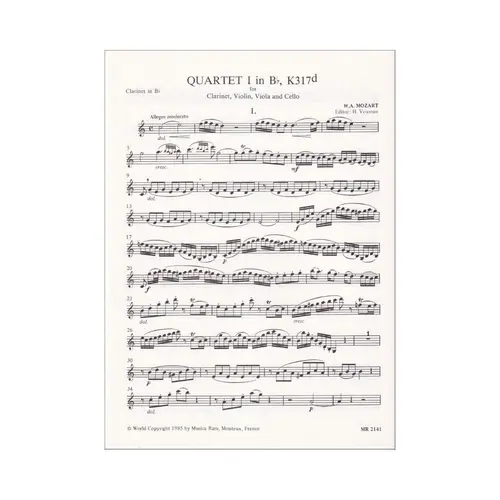 Quartet I In Bb Kv 317D For Clarinet, Violin, Viola And Cello