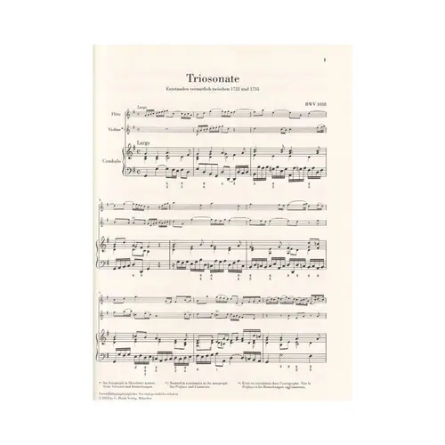 Triosonate Fur Flote, Violine Und Continuo G Dur - Bwv 1038 - Urtext