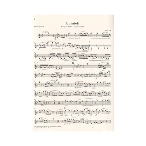 Clarinet Quintet b minor op. 115 for Clarinet (A), 2 Violins, Viola and Violoncello