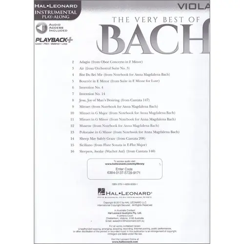 The Very Best of Bach Instrumental Play-Along for Viola