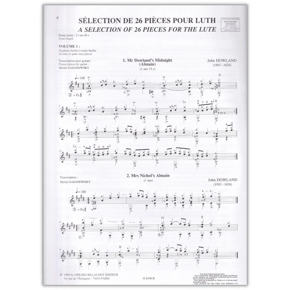 Sélection De 26 Pieces Pour Luth Vol.1 - 10 Pieces Faciles À Assez Faciles