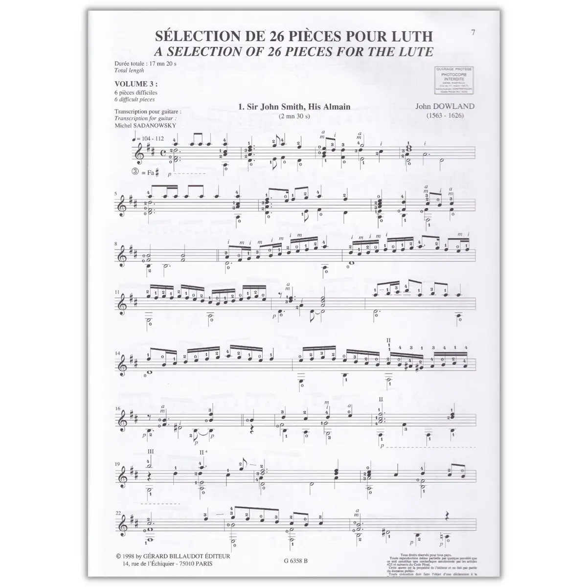 Sélection De 26 Pieces Pour Luth Vol.3 - 6 Pieces Difficiles