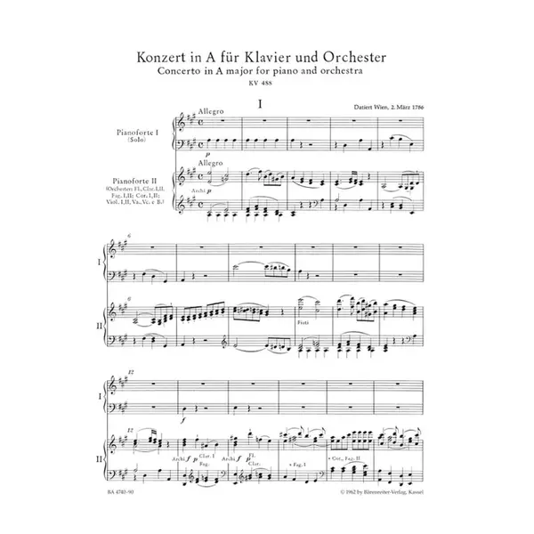 Concerto n.23 in A major for piano and orchestra KV 488 - Piano Reduction