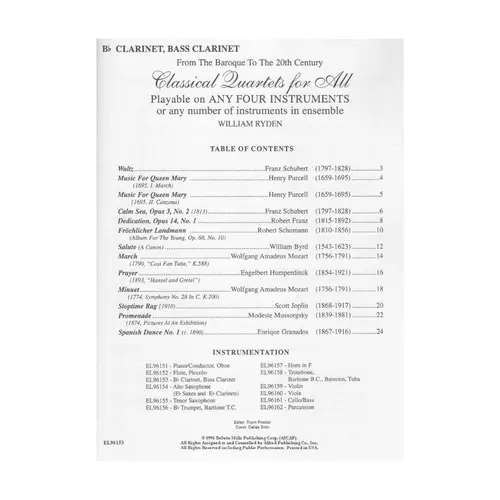 Classical Quartets For All - Bb Clarinet, Bass Clarinet
