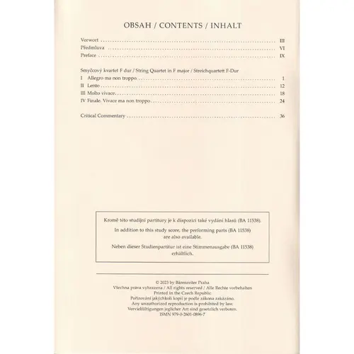 String Quartet no. 12 in F major op. 96 "American Quartet"- study score