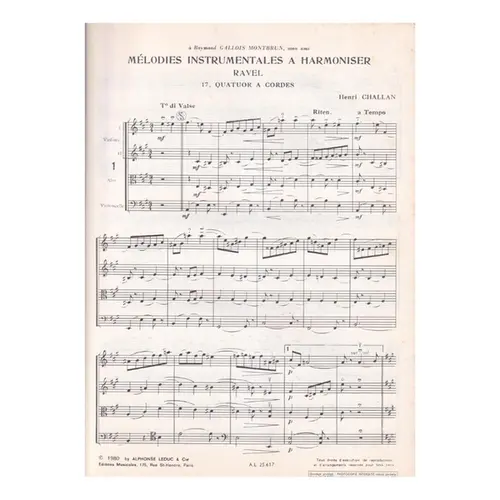 Mélodies instrumentales a harmoniser n.17 -  Ravel - Quatuor a cordes