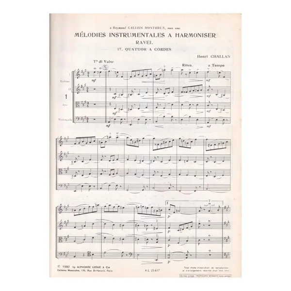 Mélodies instrumentales a harmoniser n.17 -  Ravel - Quatuor a cordes