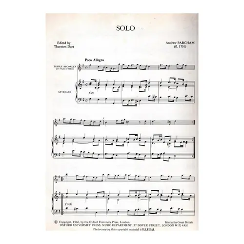 Solo for treble recorder (or flute , or oboe) and continuo (Musica da Camera S14)