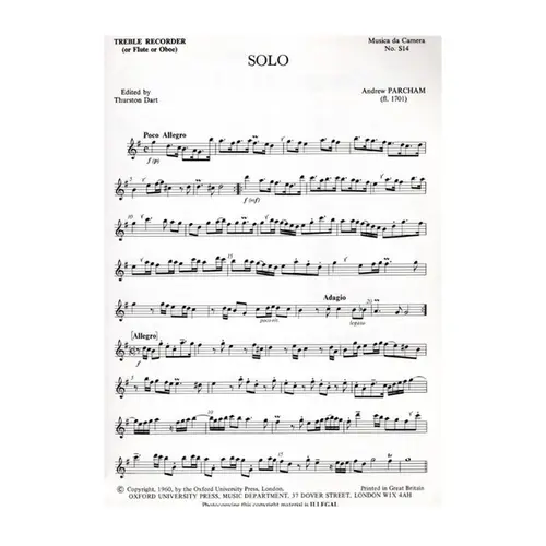 Solo for treble recorder (or flute , or oboe) and continuo (Musica da Camera S14)