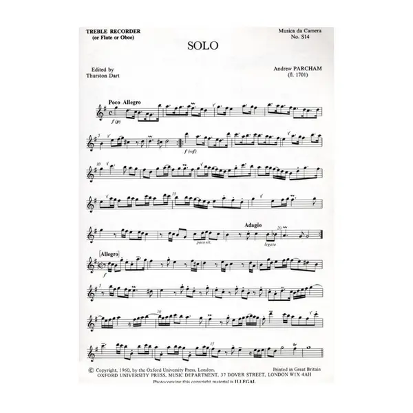 Solo for treble recorder (or flute , or oboe) and continuo (Musica da Camera S14)