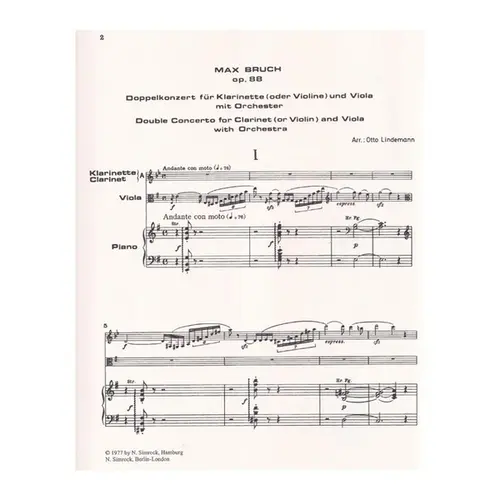 Double Concerto Op.88 for clarinet (or violin),viola and piano - Piano Reduction