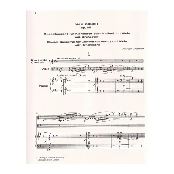 Double Concerto Op.88 for clarinet (or violin),viola and piano - Piano Reduction