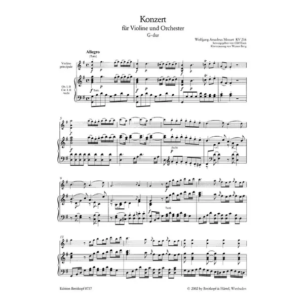 Concerto for violin and orchestra n.3 G-dur KV 216 - piano reduction