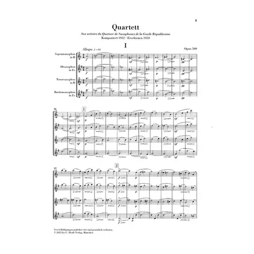 Saxophone Quartet B flat major op. 109 - study score