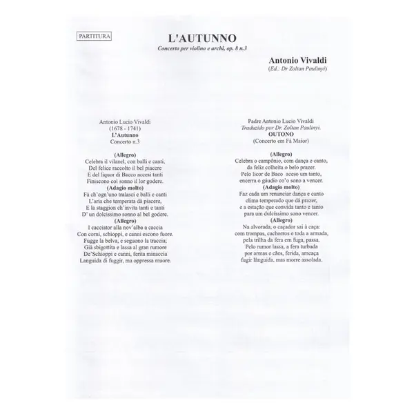 L'autunno - Concerto per violino e archi Op.8 n.3 (regente e partes)
