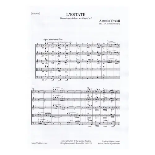 L'estate - Concerto per violino e archi Op.8 n.2 (regente e partes)