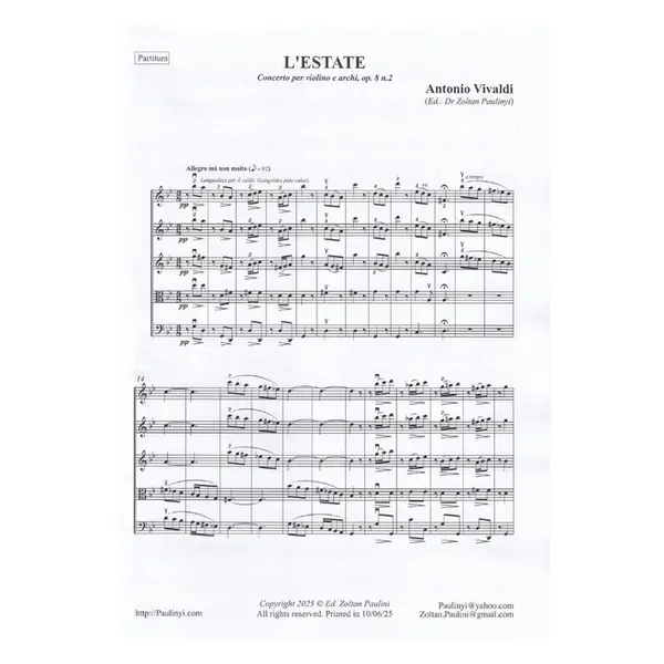 L'estate - Concerto per violino e archi Op.8 n.2 (regente e partes)