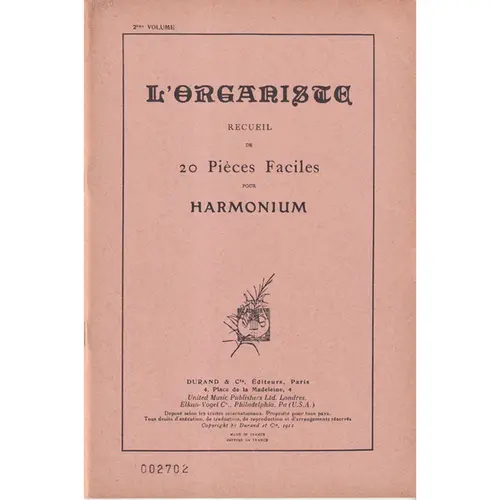 L'Organiste - Vol.2 - recueil de 20 pièces faciles pour harmonium