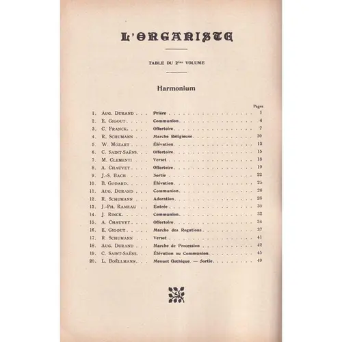 L'Organiste - Vol.2 - recueil de 20 pièces faciles pour harmonium