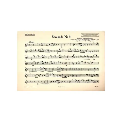 Sechs Serenaden - VI B Dur - fur altblockfloten und klavier