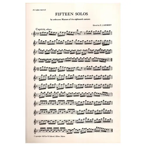 Fifteen Solos for treble recorder by masters of the 18th century