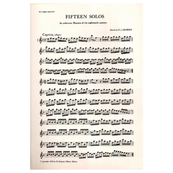 Fifteen Solos for treble recorder by masters of the 18th century