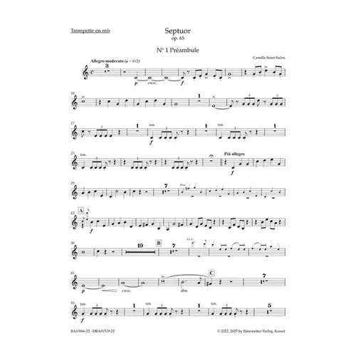 Septuor for Trumpet, Piano, two Violins, Viola, Violoncello and Double Bass in E-flat major op. 65 - parts