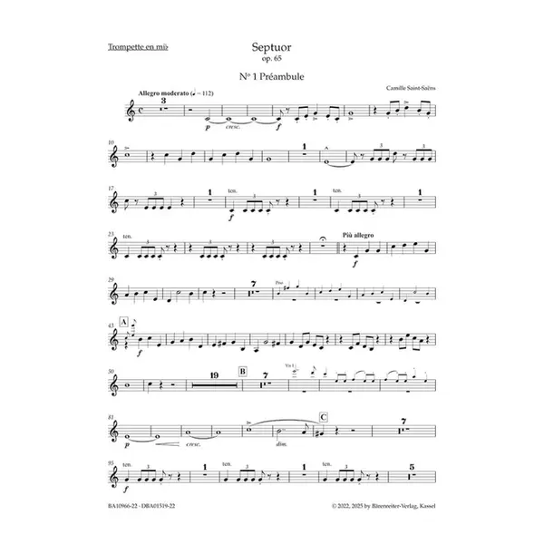 Septuor for Trumpet, Piano, two Violins, Viola, Violoncello and Double Bass in E-flat major op. 65 - parts