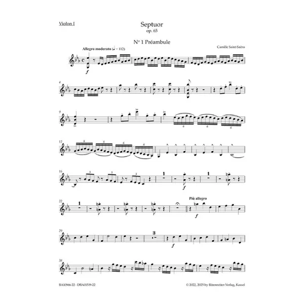 Septuor for Trumpet, Piano, two Violins, Viola, Violoncello and Double Bass in E-flat major op. 65 - parts