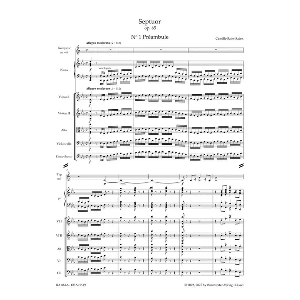 Septuor for Trumpet, Piano, two Violins, Viola, Violoncello and Double Bass in E-flat major op. 65 - Score