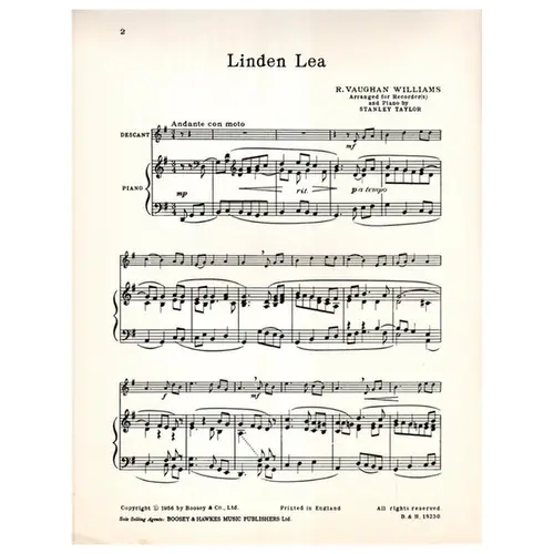 Linden Lea - arranged for recorder(s) and piano