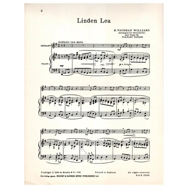 Linden Lea - arranged for recorder(s) and piano