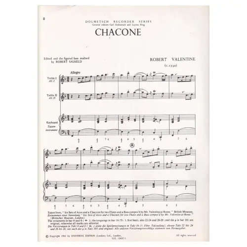 Chacone for 2 treble recorders and Harpischord (piano)