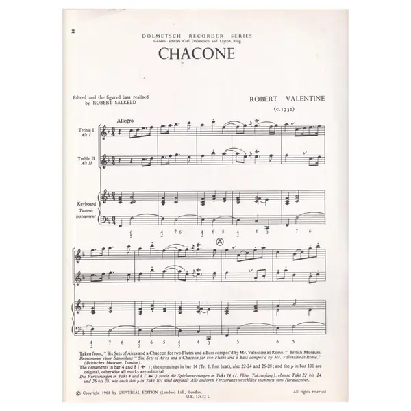 Chacone for 2 treble recorders and Harpischord (piano)