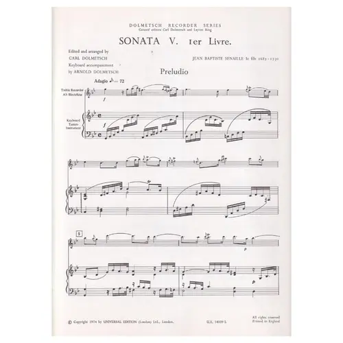 Sonata V. 1er Livre - Alt Blockflote und Tasteninstrument