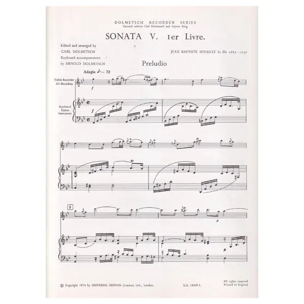 Sonata V. 1er Livre - Alt Blockflote und Tasteninstrument