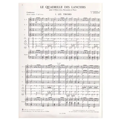 Le Quadrille Des Lanciers pour 4 flutes a bec, percussion et  piano