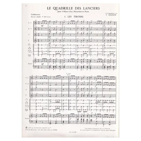 Le Quadrille Des Lanciers pour 4 flutes a bec, percussion et  piano