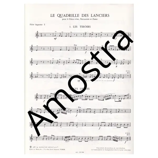 Le Quadrille Des Lanciers pour 4 flutes a bec, percussion et  piano