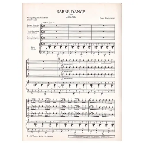 Sabre Dance for descant, treble & tenor recordes and piano