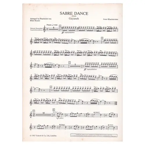 Sabre Dance for descant, treble & tenor recordes and piano