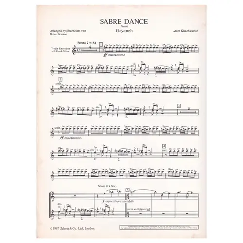 Sabre Dance for descant, treble & tenor recordes and piano