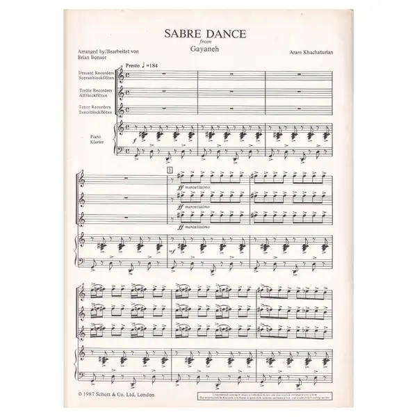 Sabre Dance for descant, treble & tenor recordes and piano