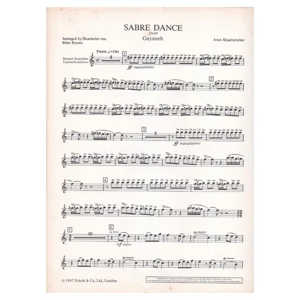 Sabre Dance for descant, treble & tenor recordes and piano