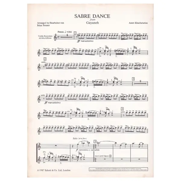 Sabre Dance for descant, treble & tenor recordes and piano