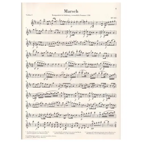 March K. 445 and Divertimento K. 334 for 2 Horns, 2 Violins, Viola and Basso - Partes