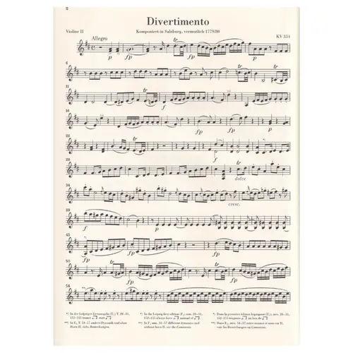 March K. 445 and Divertimento K. 334 for 2 Horns, 2 Violins, Viola and Basso - Partes
