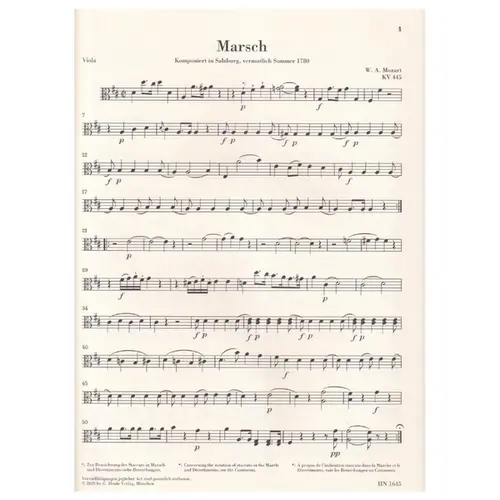 March K. 445 and Divertimento K. 334 for 2 Horns, 2 Violins, Viola and Basso - Partes