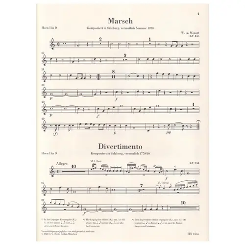 March K. 445 and Divertimento K. 334 for 2 Horns, 2 Violins, Viola and Basso - Partes